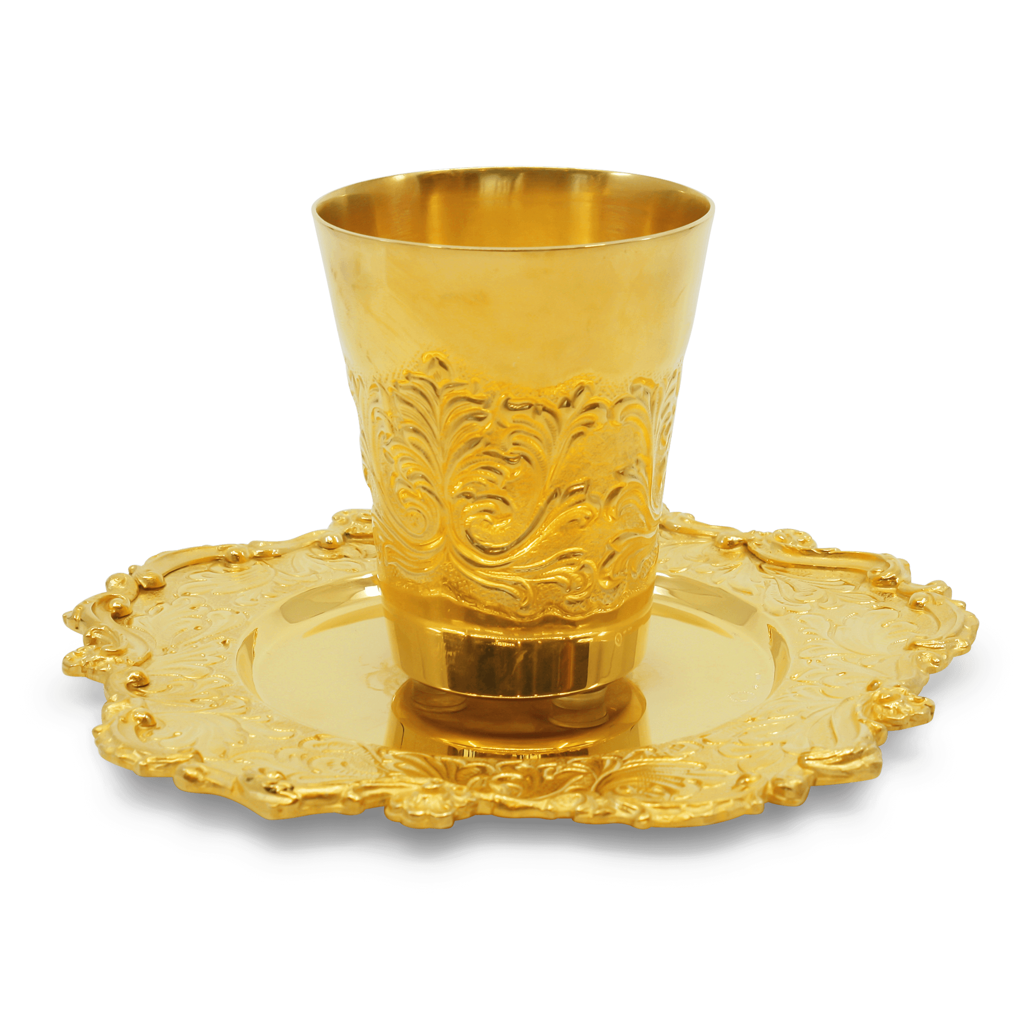 24K gold plated sterling silver kiddush cup and plate set ornate baroque scrollwork Rabbi Amit Italian