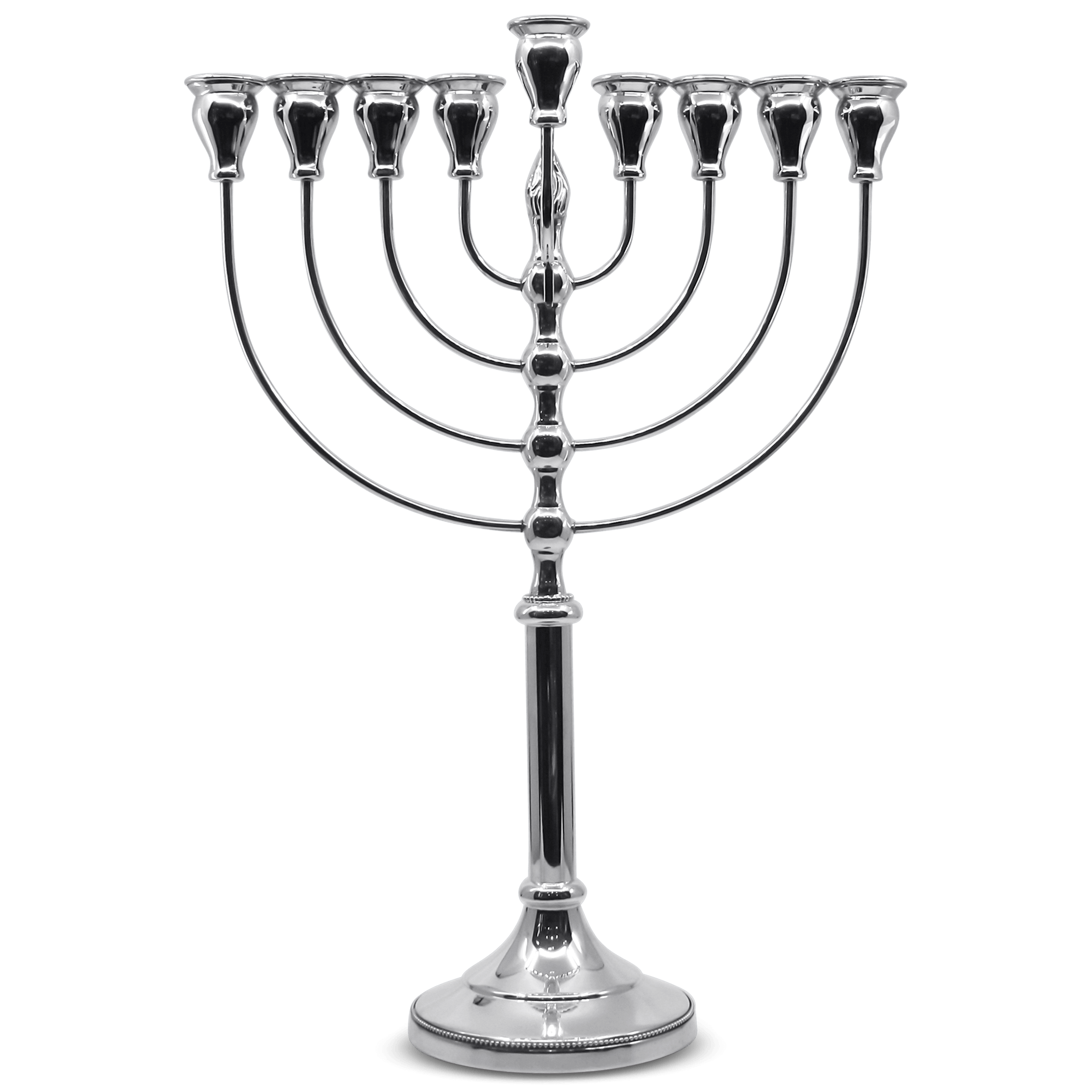 Elegant sterling silver Hanukkah menorah with sleek classic design, mirror polish finish, and urn-shaped holders, 41cm height, made in Israel