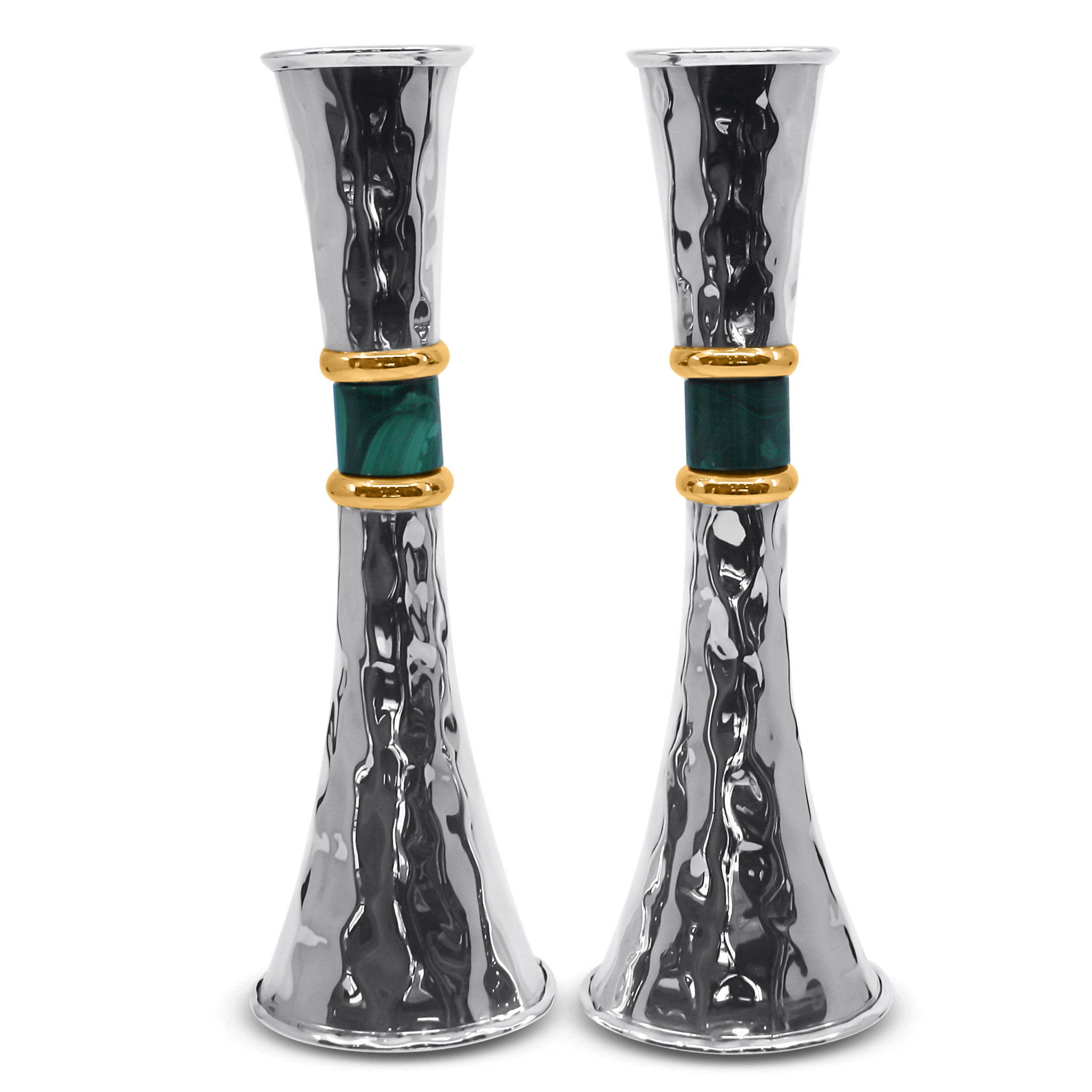 Hand hammered sterling silver Shabbat candlesticks malachite stone gold bands Italian pair