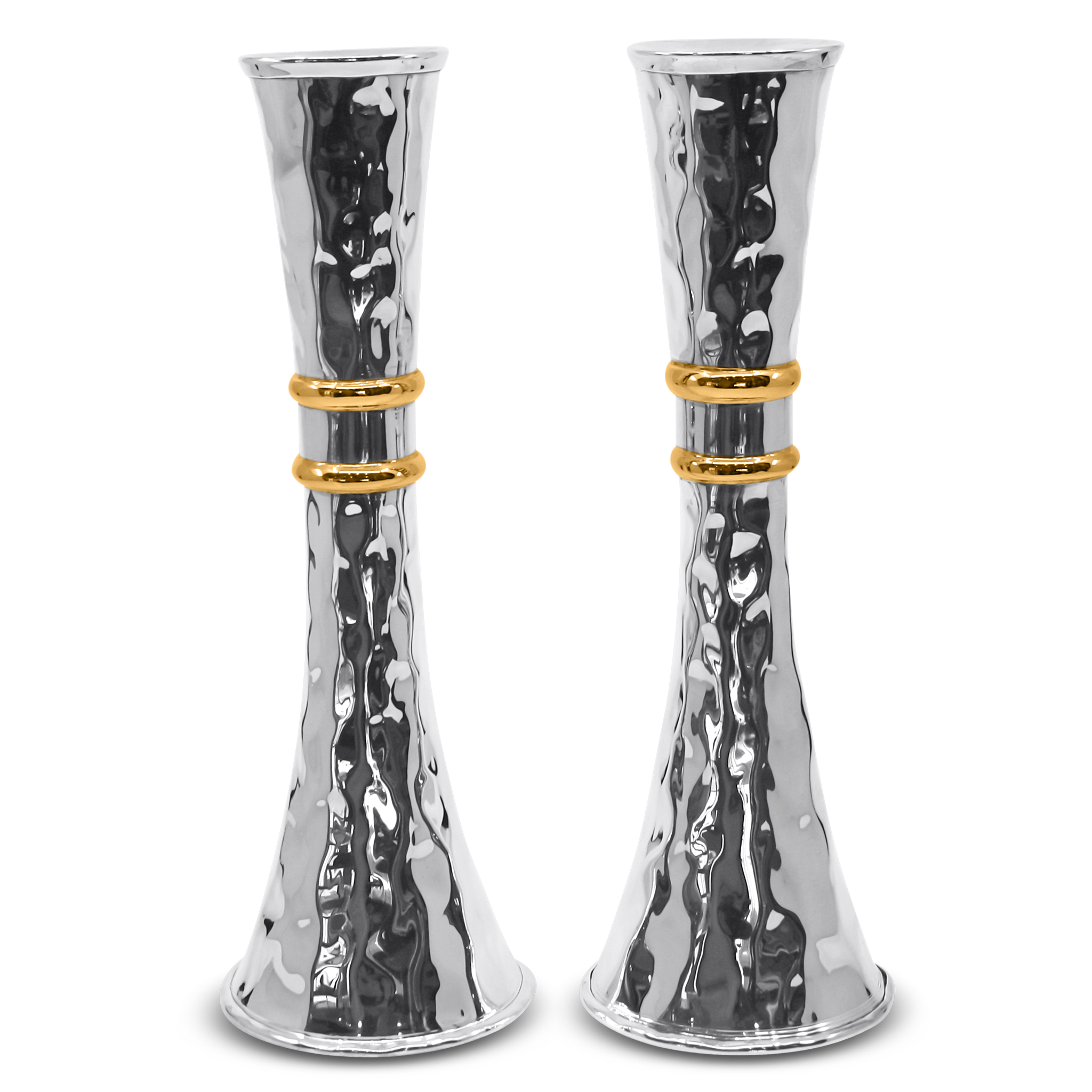 Hand hammered sterling silver Shabbat candlesticks with gold bands Italian pair