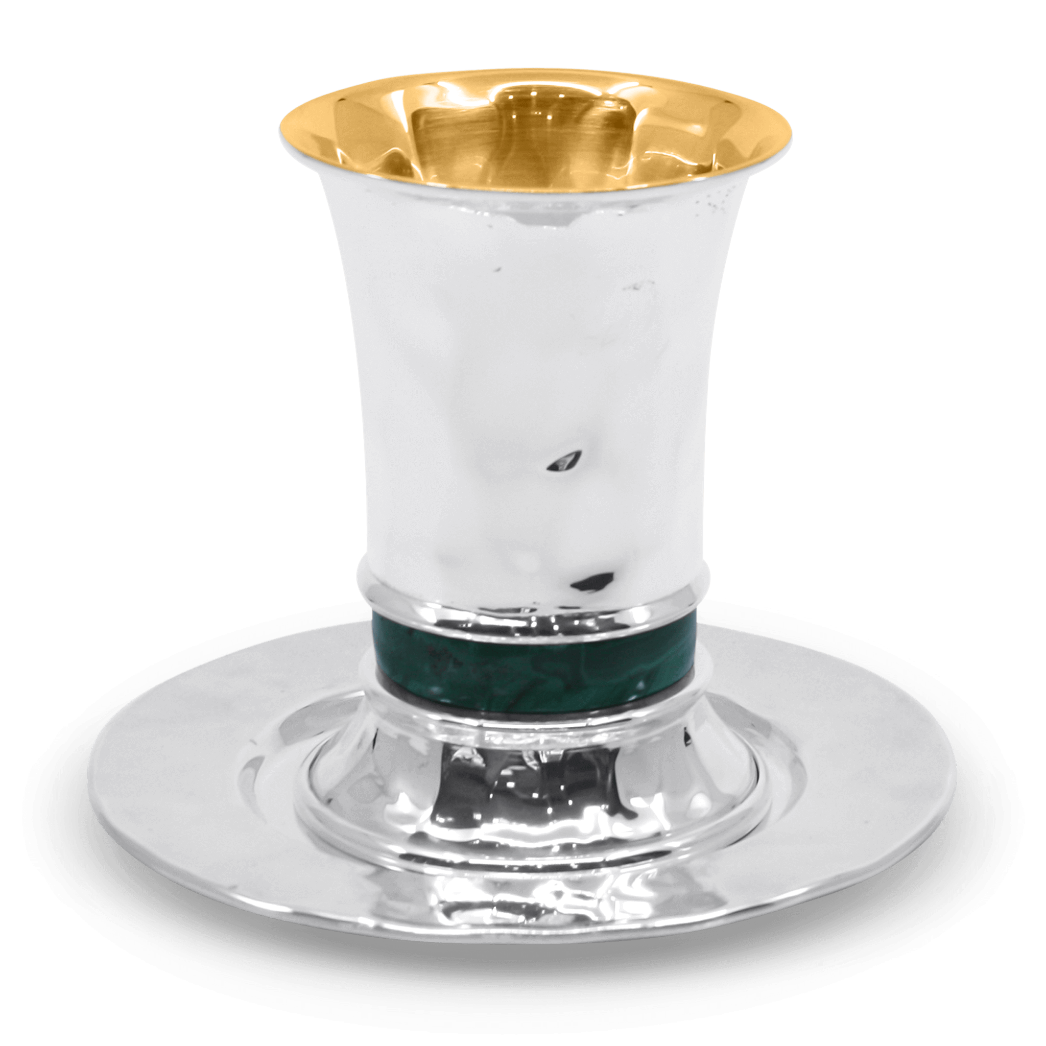 Hand hammered sterling silver kiddush cup and plate set with malachite stone gold interior Italian