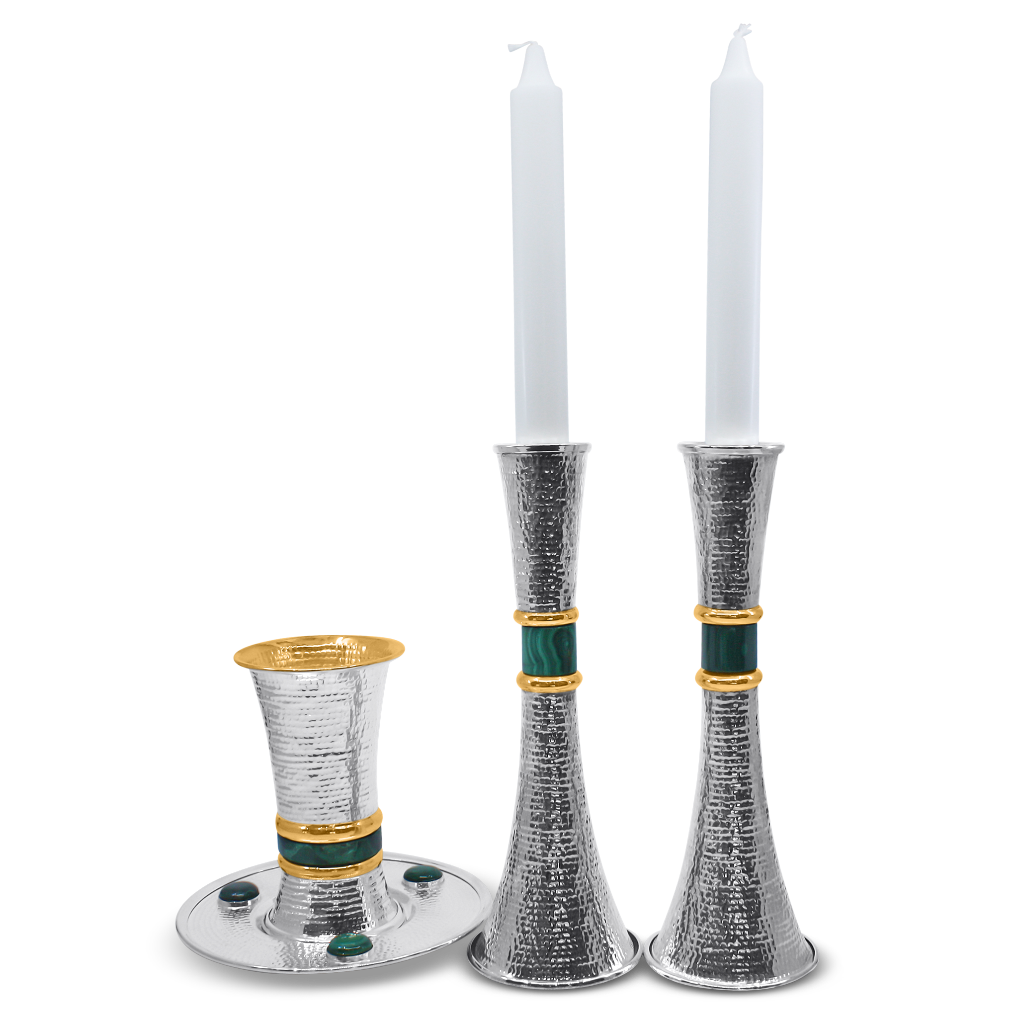 Hand spotted sterling silver Shabbat candlesticks malachite stone gold bands textured Italian pair2