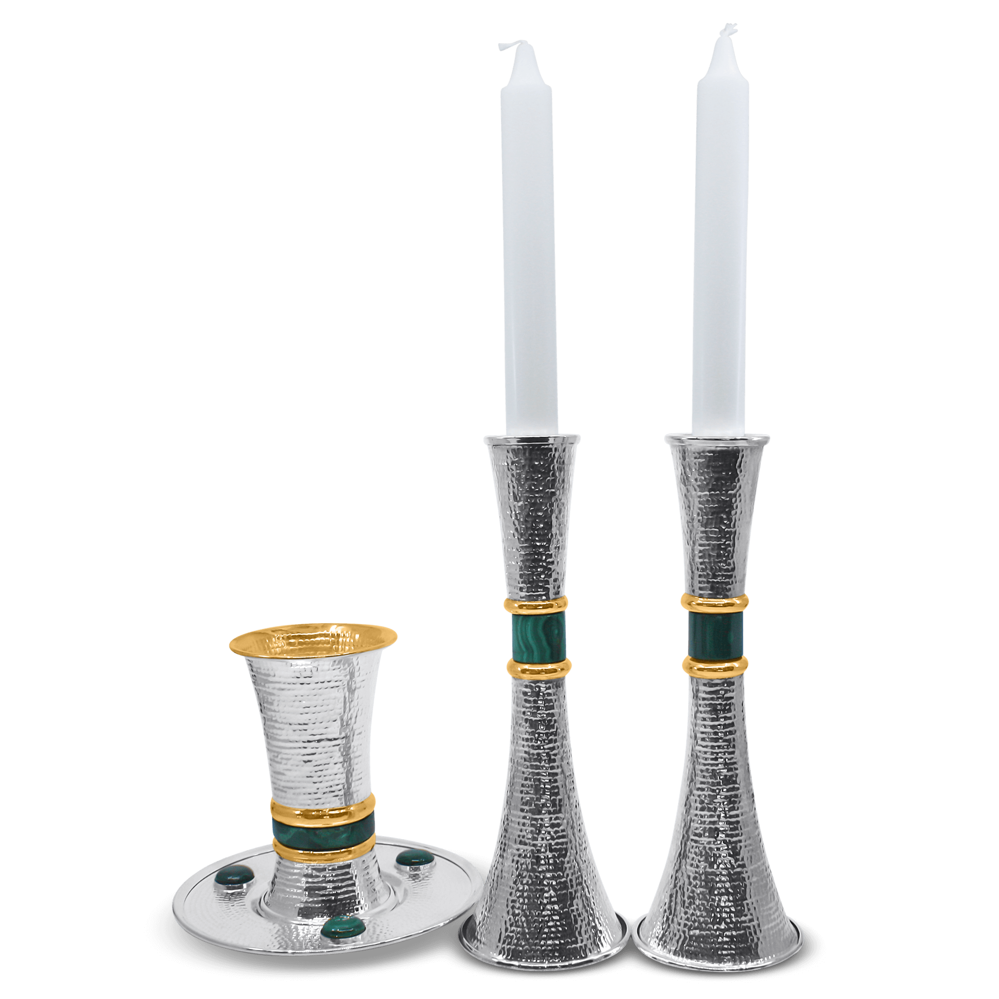 Hand spotted sterling silver Shabbat candlesticks malachite stone gold bands textured Italian pair2
