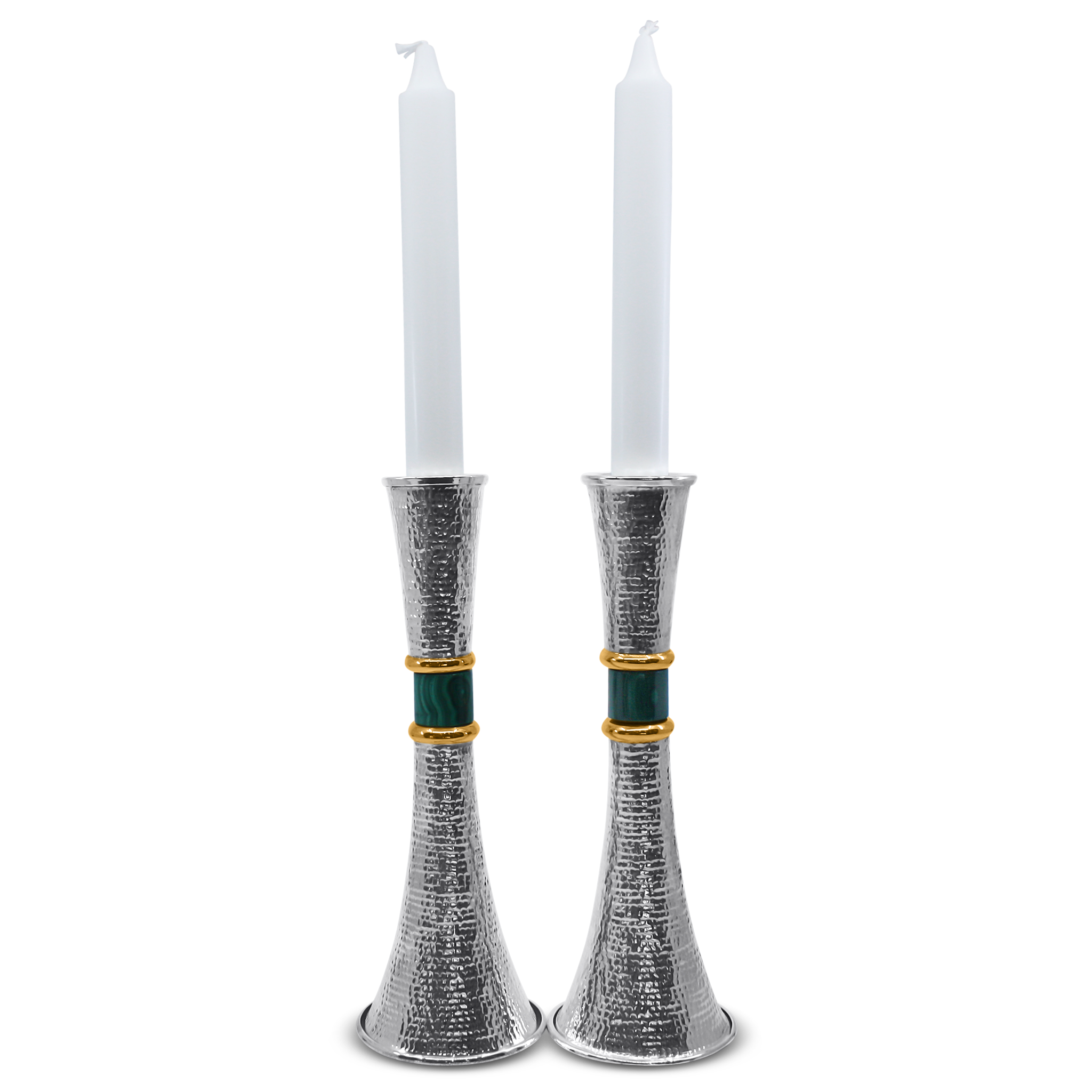 Hand spotted sterling silver Shabbat candlesticks malachite stone gold bands textured Italian pair3