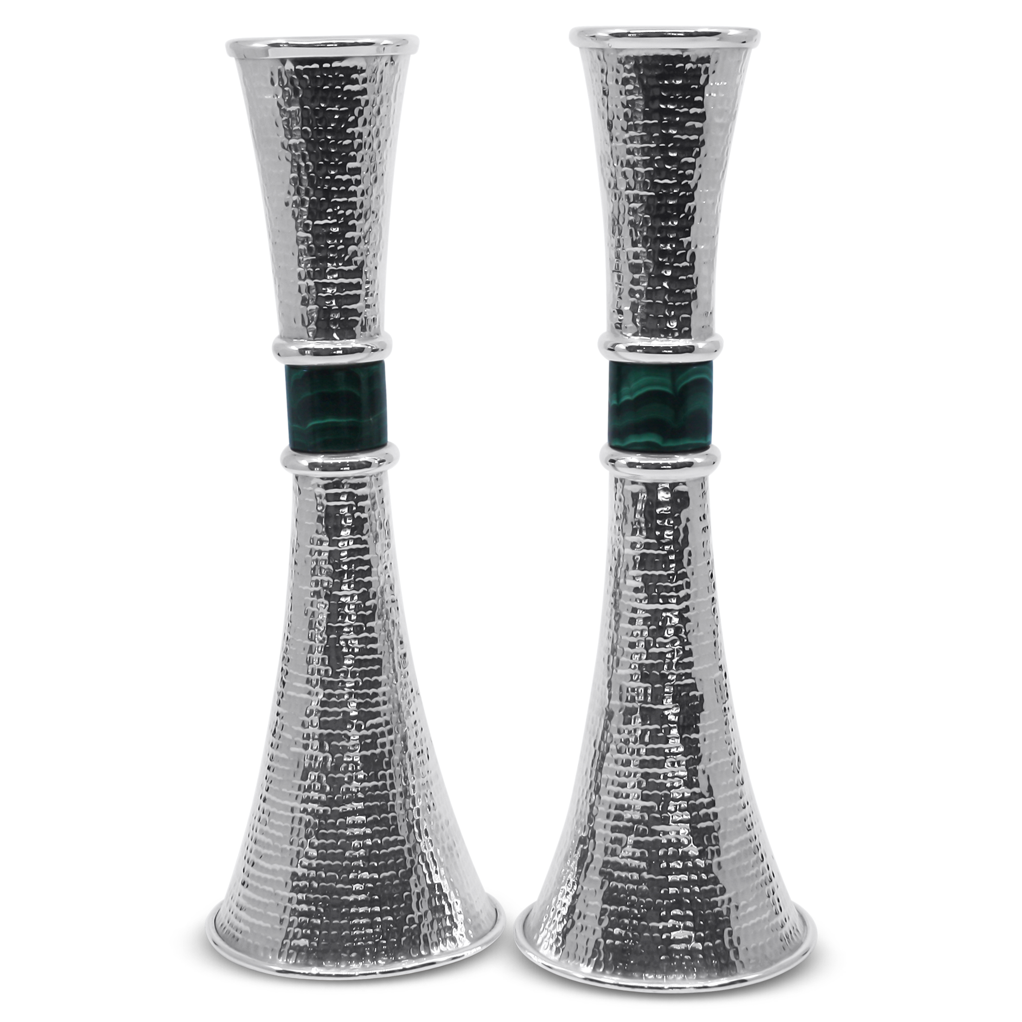 Hand spotted sterling silver Shabbat candlesticks malachite stone textured finish Italian pair