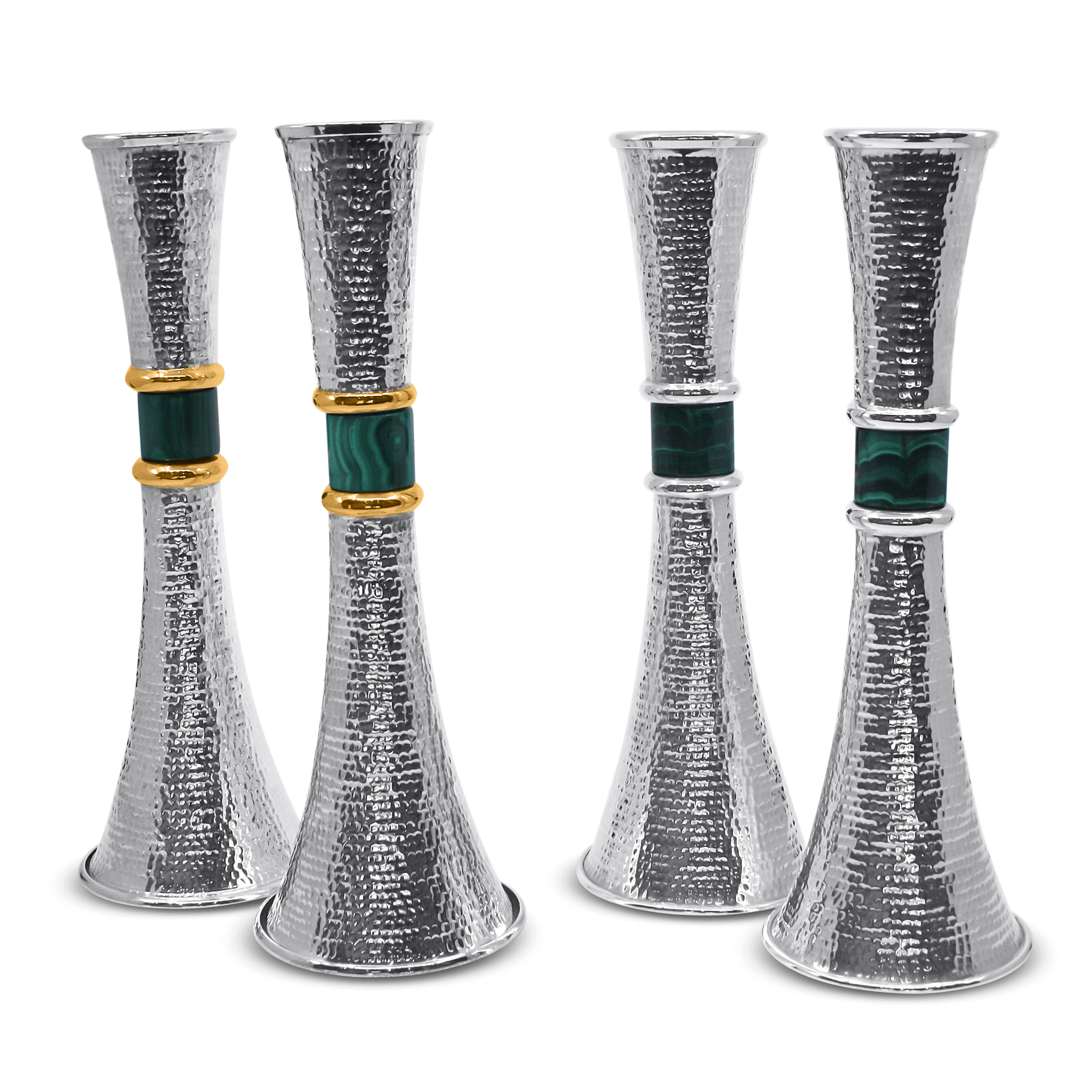 Hand_spotted_sterling_silver_Shabbat_candlesticks_malachite_stone_textured_finish_Italian_pair2