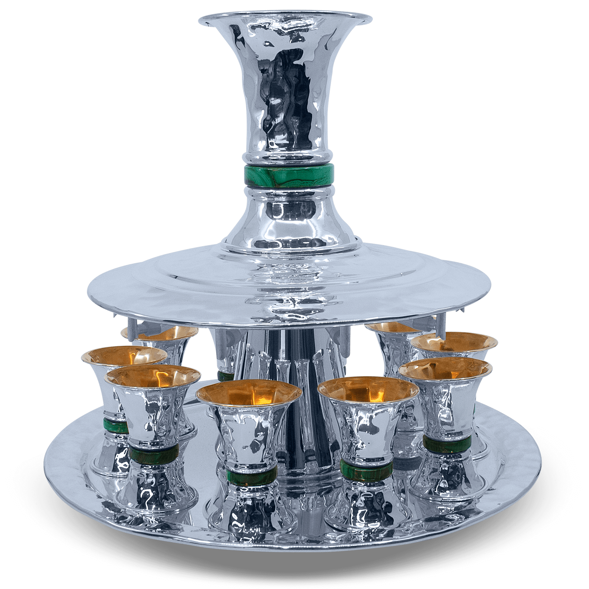 Silver Hammered Kiddush Wine Fountain with Malachite Stones A