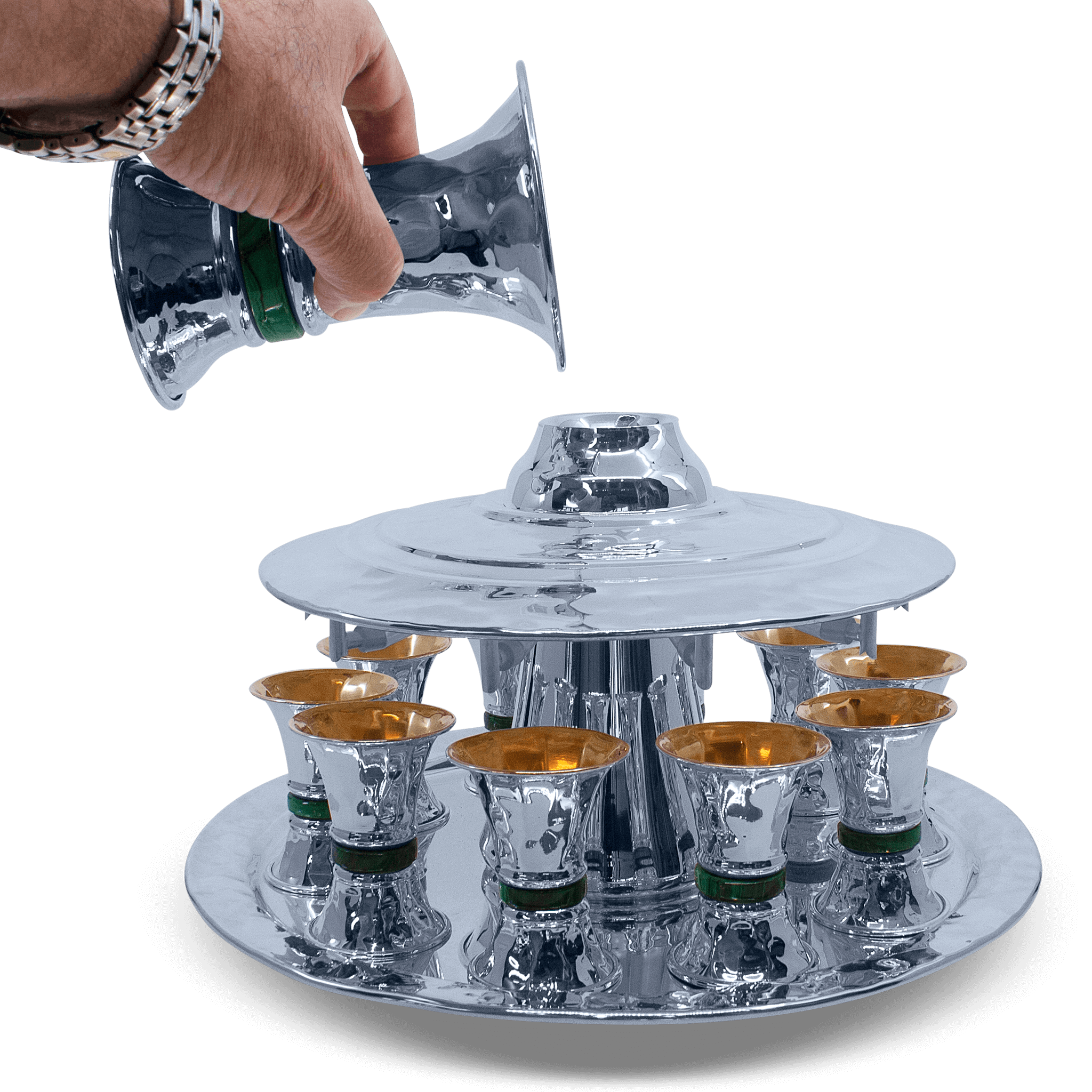 Silver Hammered Kiddush Wine Fountain with Malachite Stones