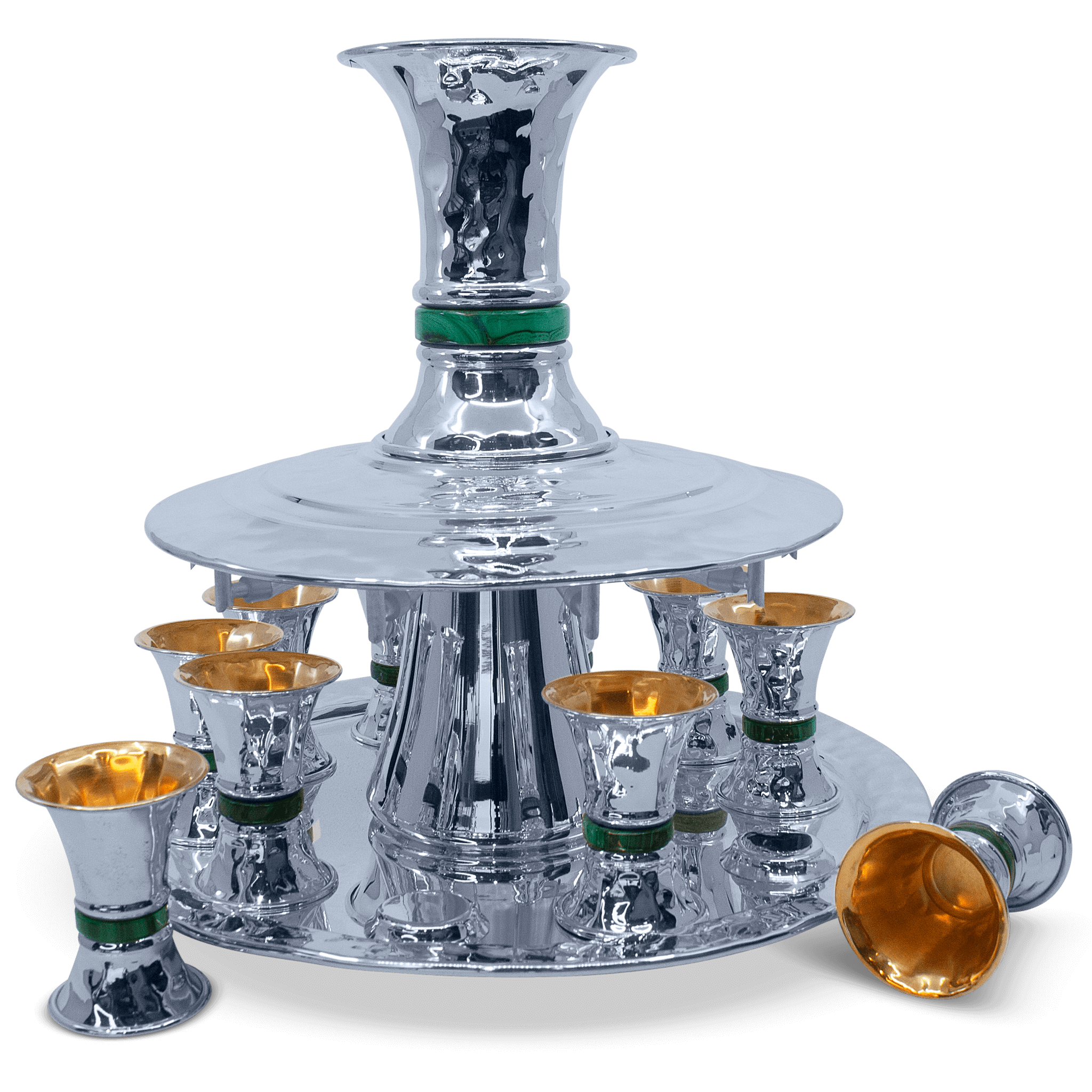 Silver Hammered Kiddush Wine Fountain with Malachite Stones C