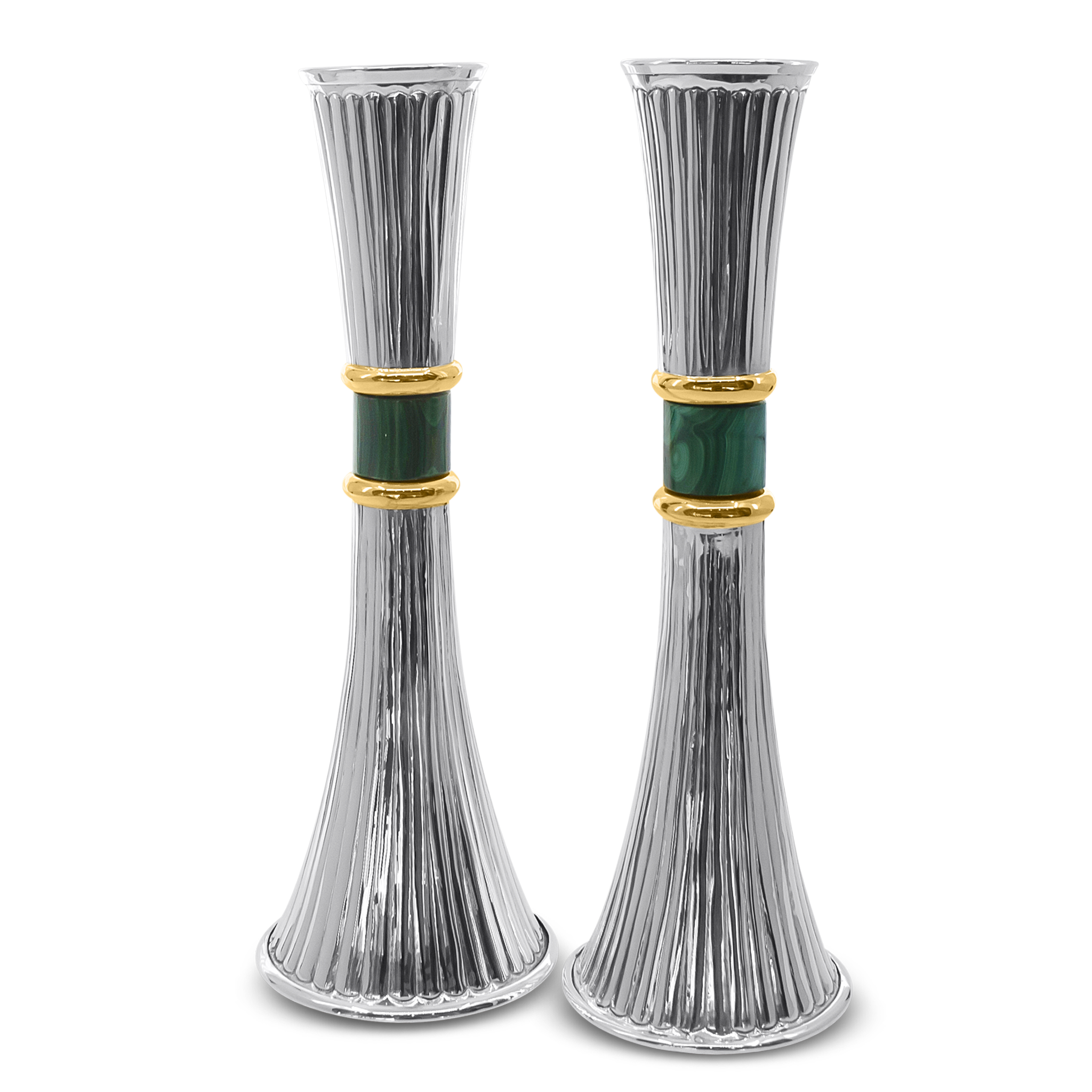 Silver Stripes Candlesticks with Malachite Stone 26 cm.