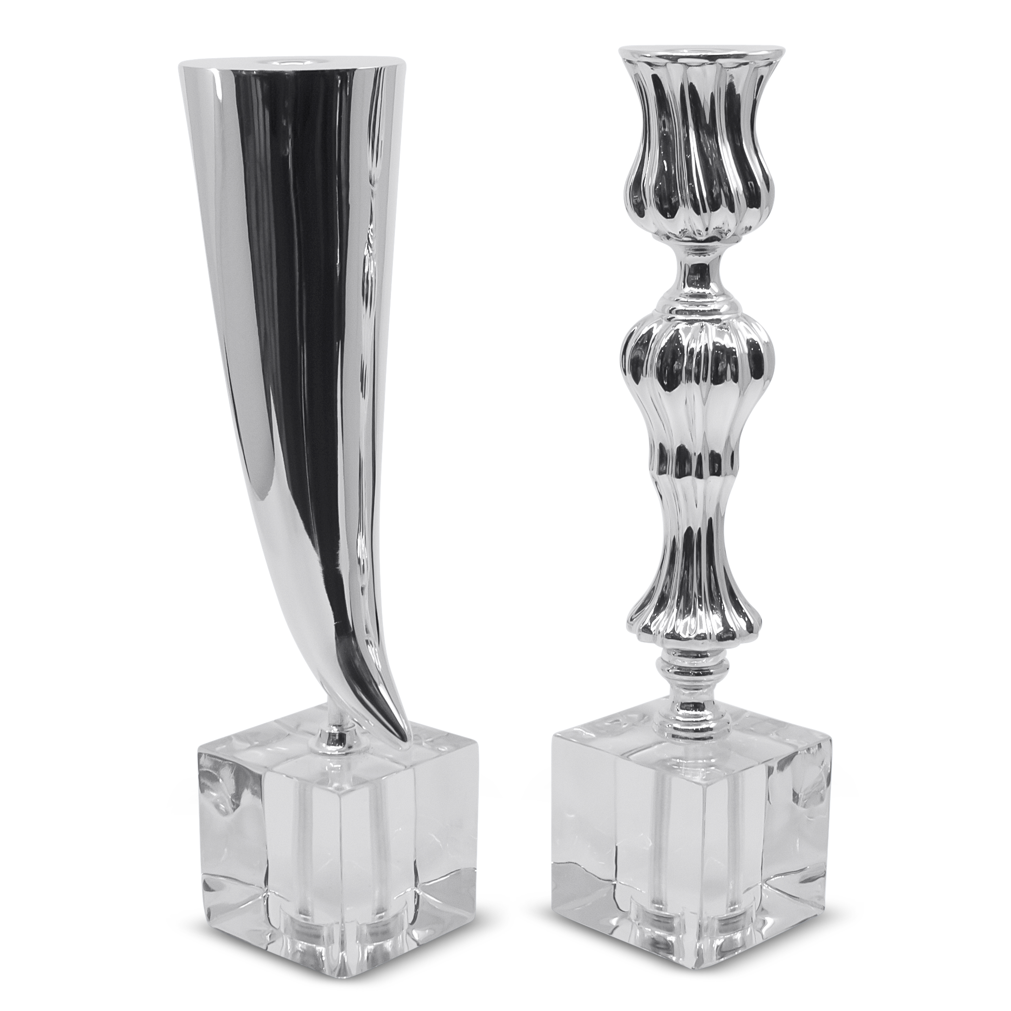 Two silver candle holders on clear square bases