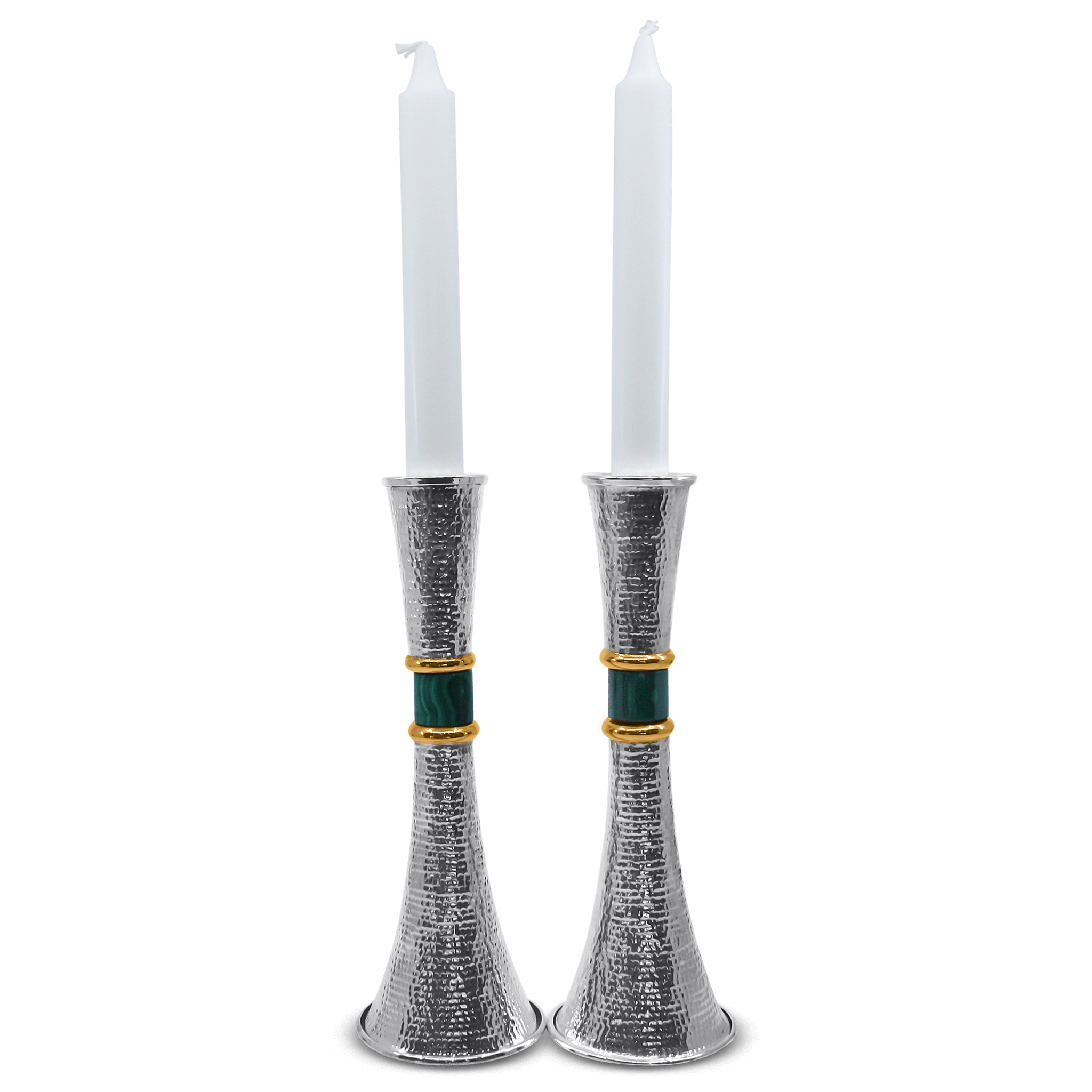 Silver Hammered Candlesticks with Malachite Stone