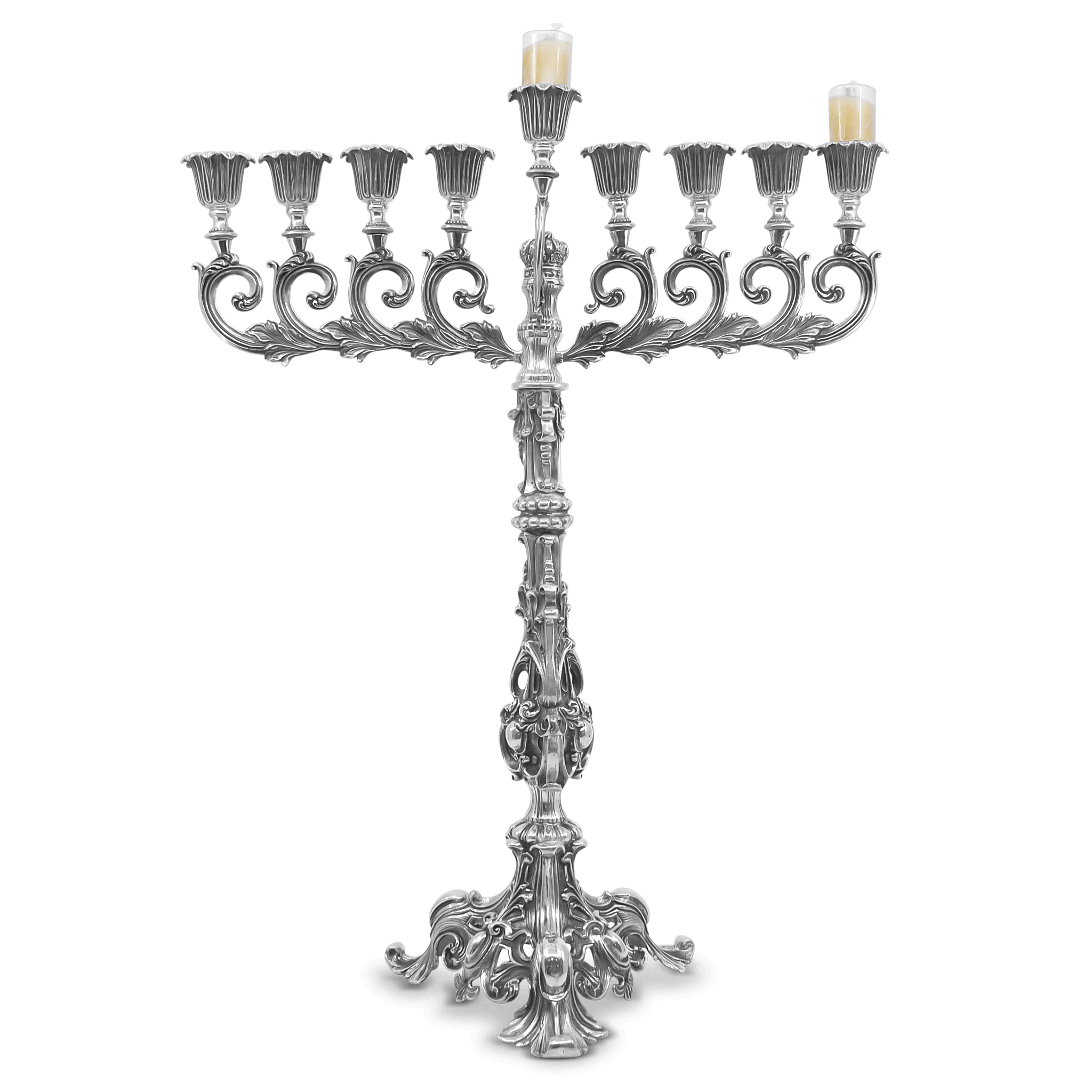 Italian baroque sterling silver Hanukkah menorah with ornate scrollwork and fluted candle holders handcrafted in Italy