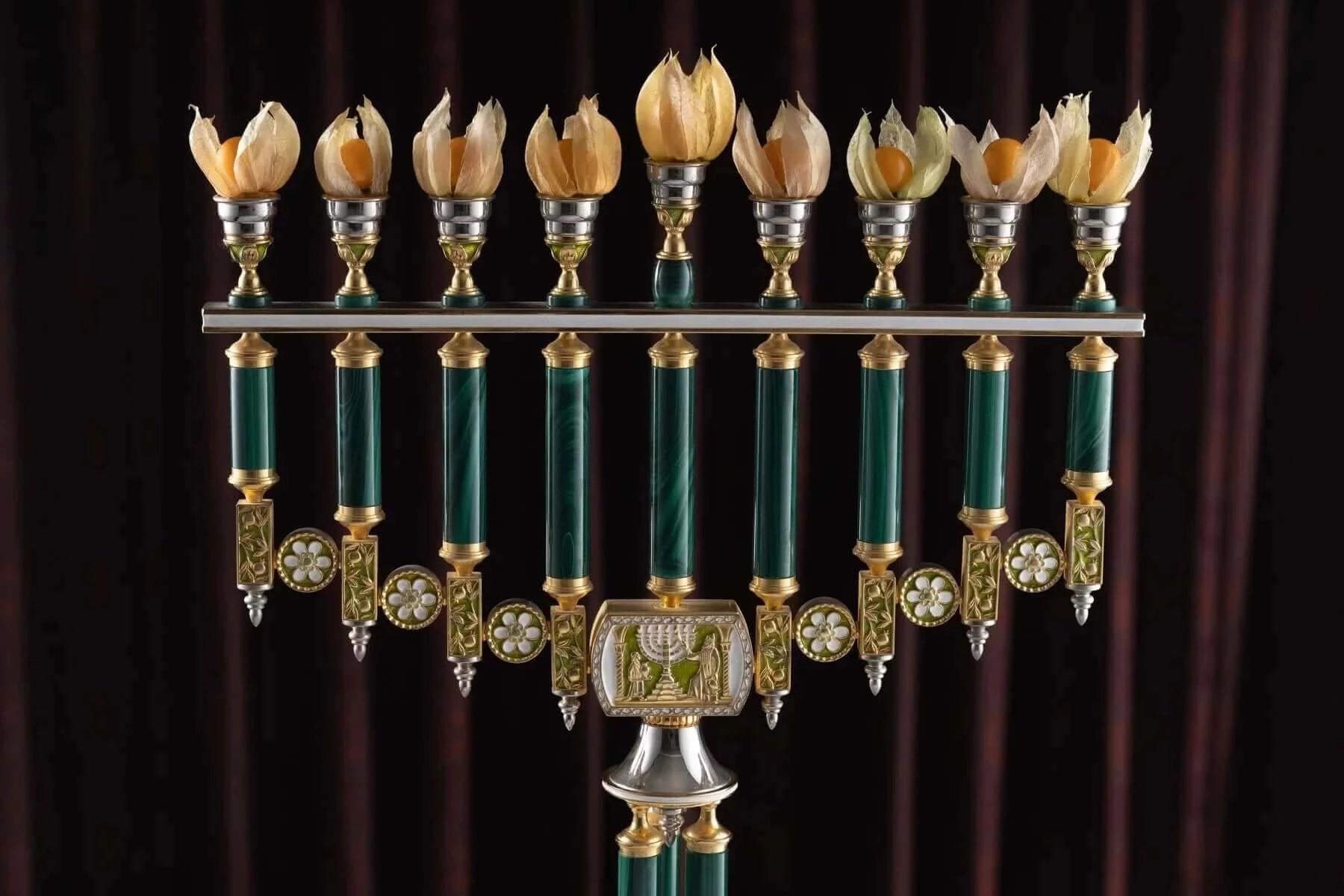 Malachite, Silver and Gold Hanukkiah A - Piece By Zion Hadad