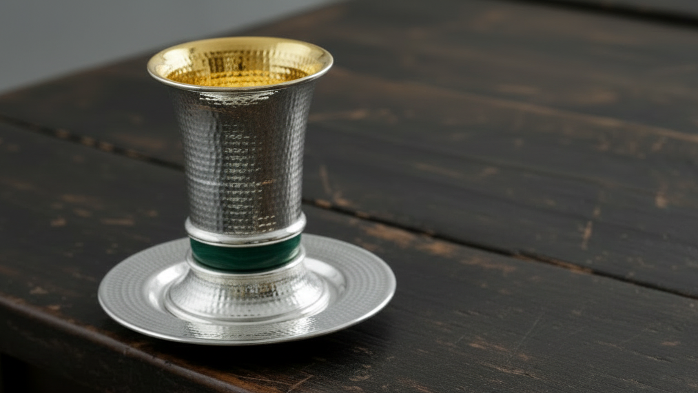 Spotted sterling silver kiddush cup and plate set with malachite stone gold interior Italian