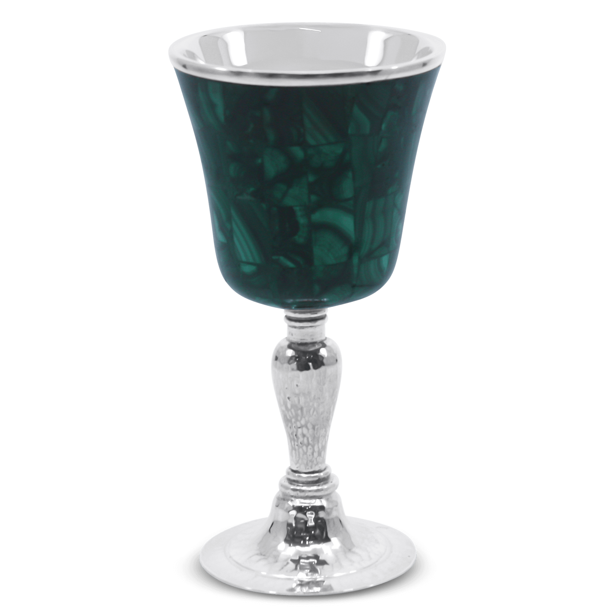Sterling silver kiddush cup with natural malachite stone bowl green banding Italian