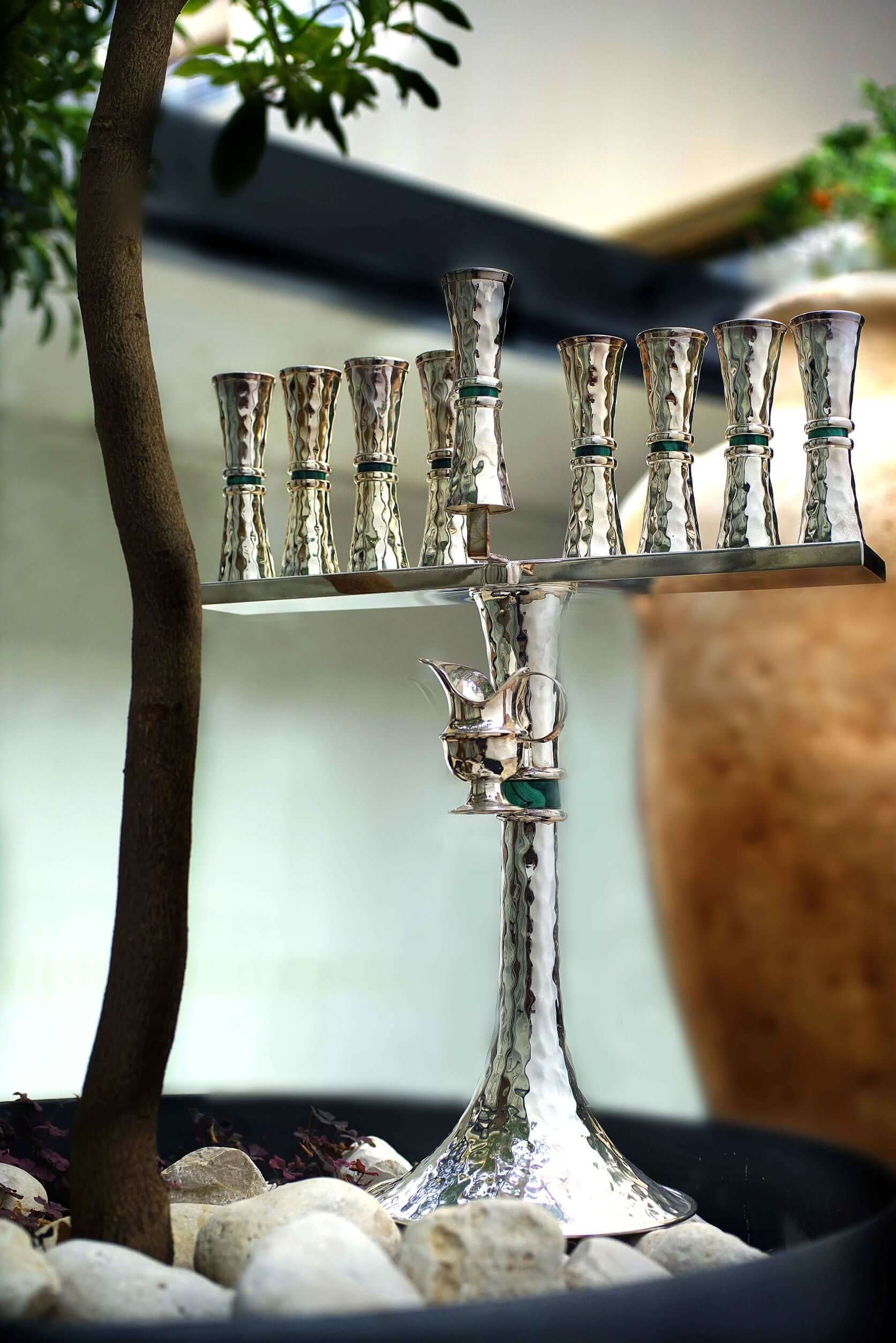 Hammered Design Menorah with Malachite Stones B - Piece By Zion Hadad