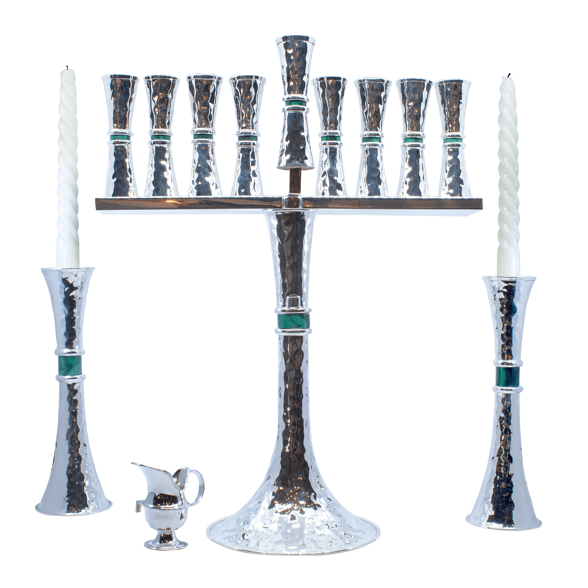 Hammered Design Menorah with Malachite Stones G - Piece By Zion Hadad