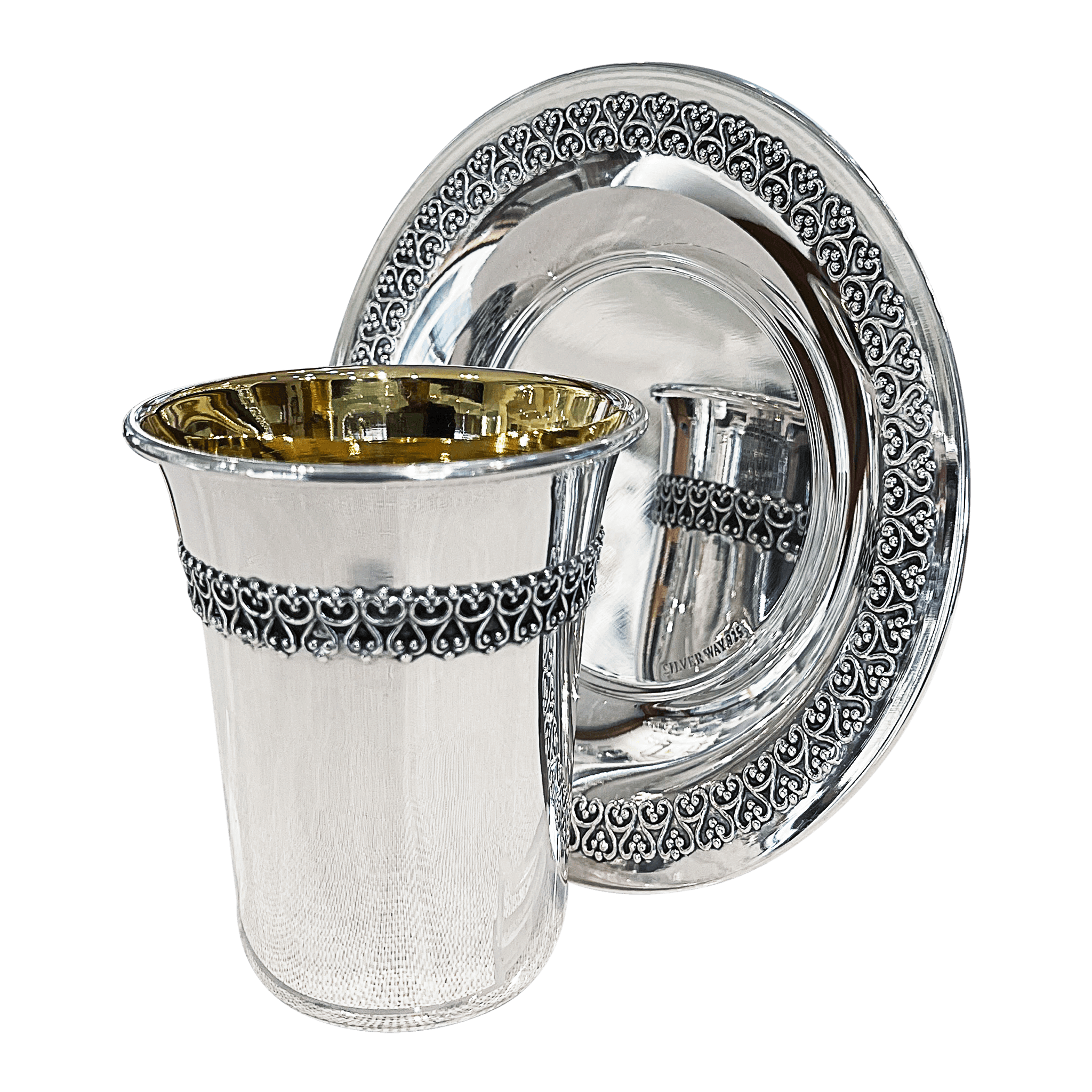 Modern Kiddush Cup & Tray With Filigree - Piece By Zion Hadad