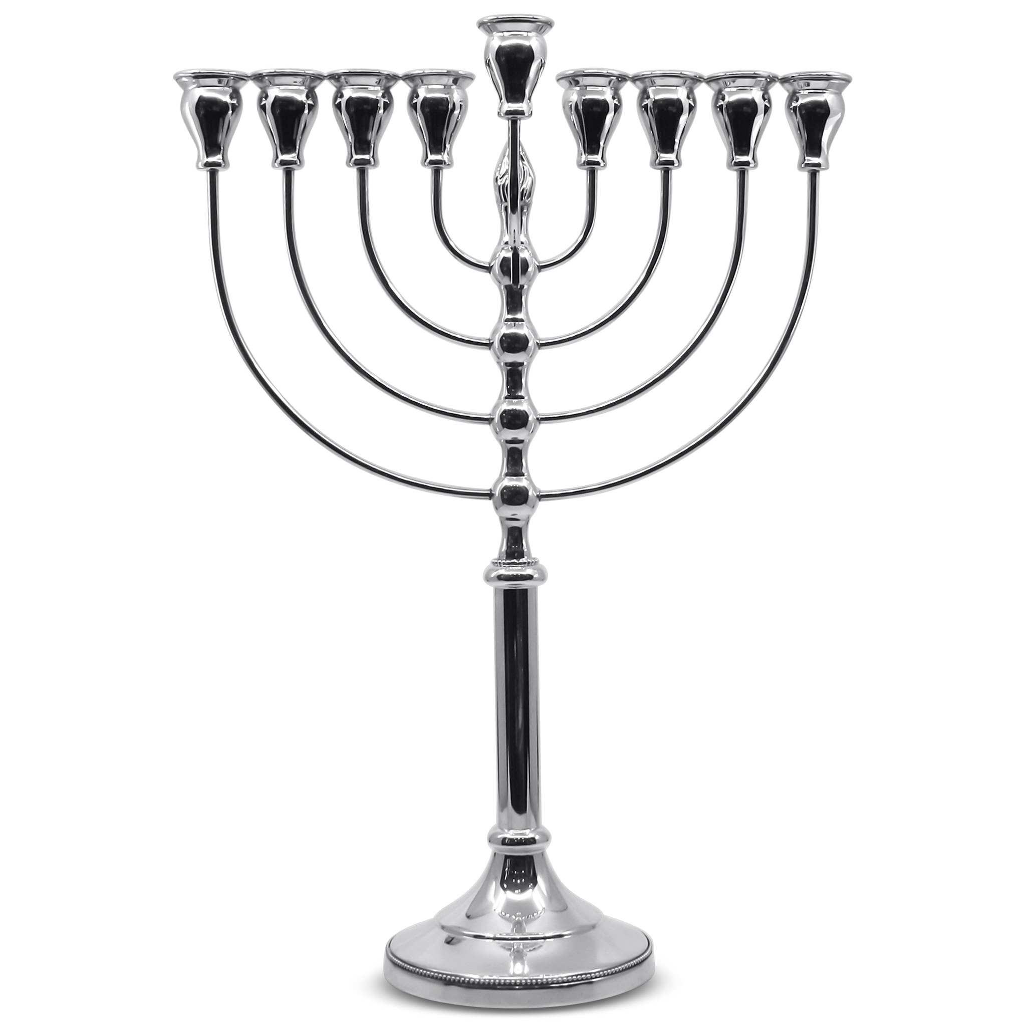 Elegant sterling silver Hanukkah menorah with sleek classic design, mirror polish finish, and urn-shaped holders, 41cm height, made in Israel