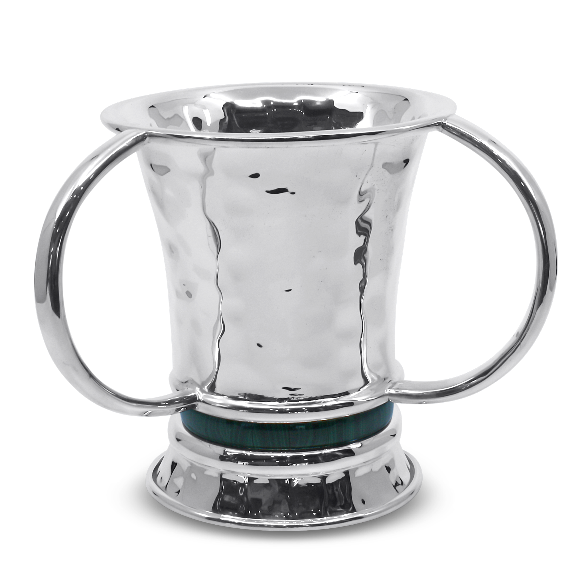 Hammered sterling silver netilat yadayim wash cup with malachite stone band Israeli handcrafted