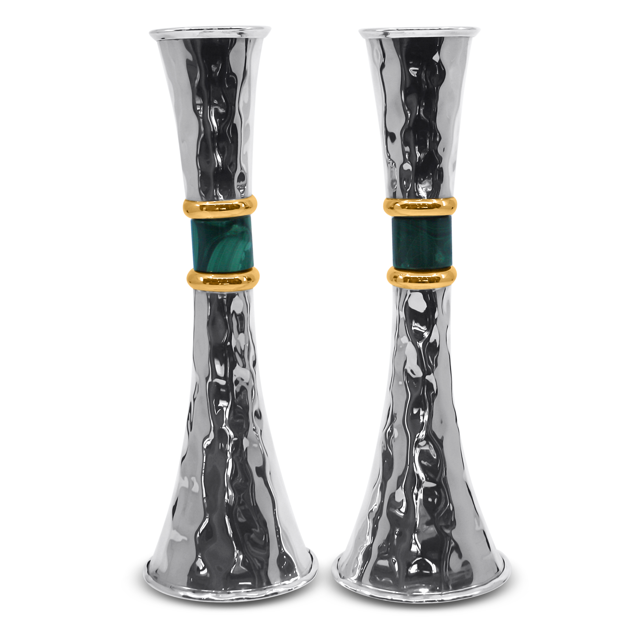 Hand hammered sterling silver Shabbat candlesticks malachite stone gold bands Italian pair