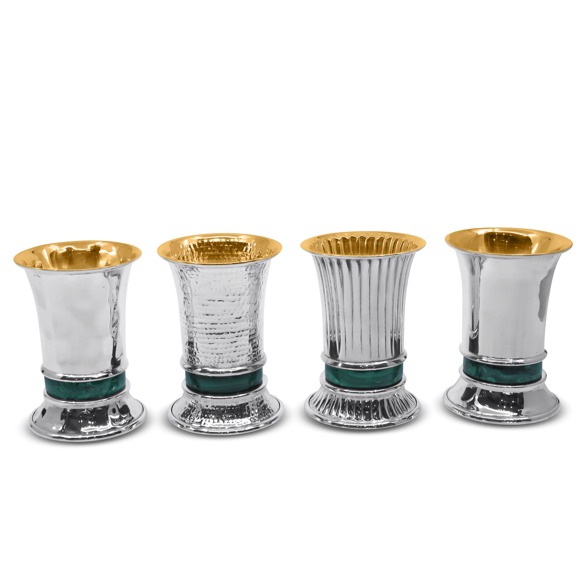 Hand hammered sterling silver kiddush cup and plate set with malachite stone gold interior Italian3