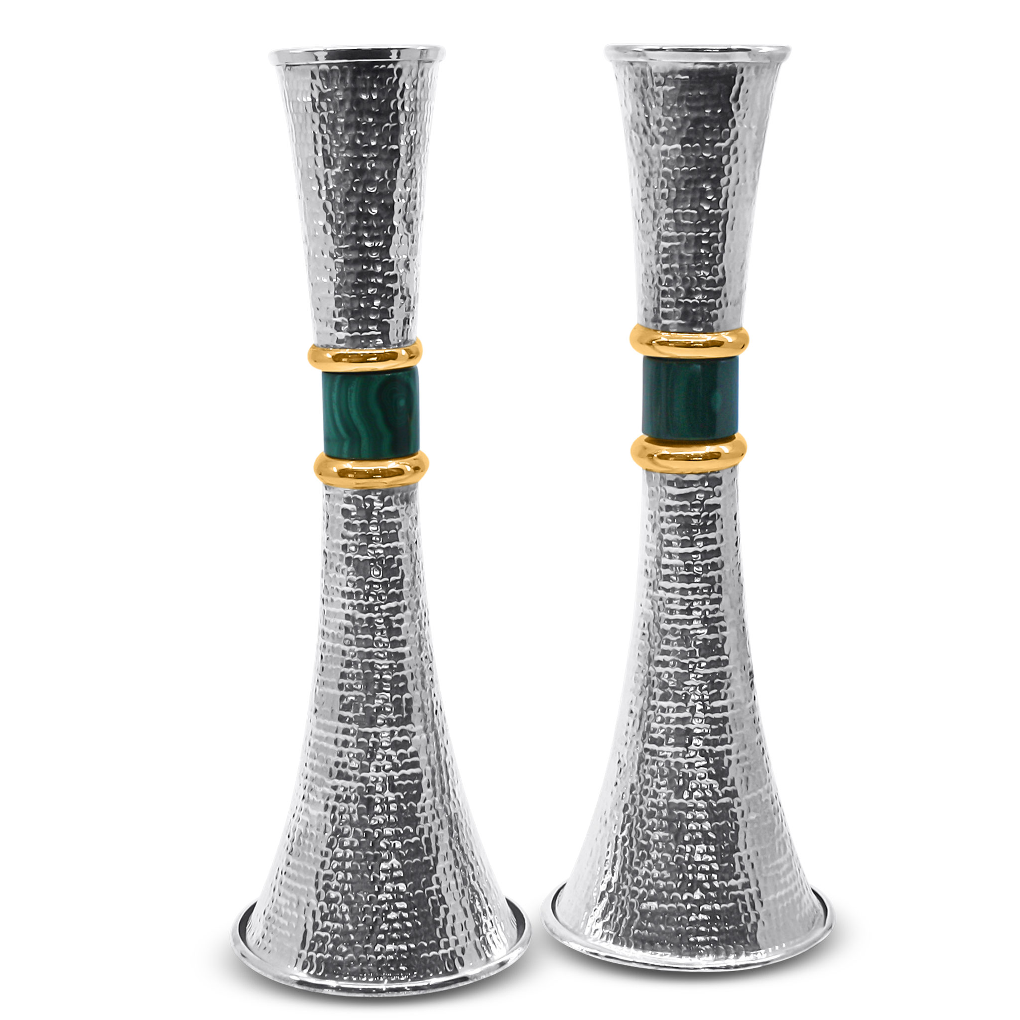Hand spotted sterling silver Shabbat candlesticks malachite stone gold bands textured Italian pair