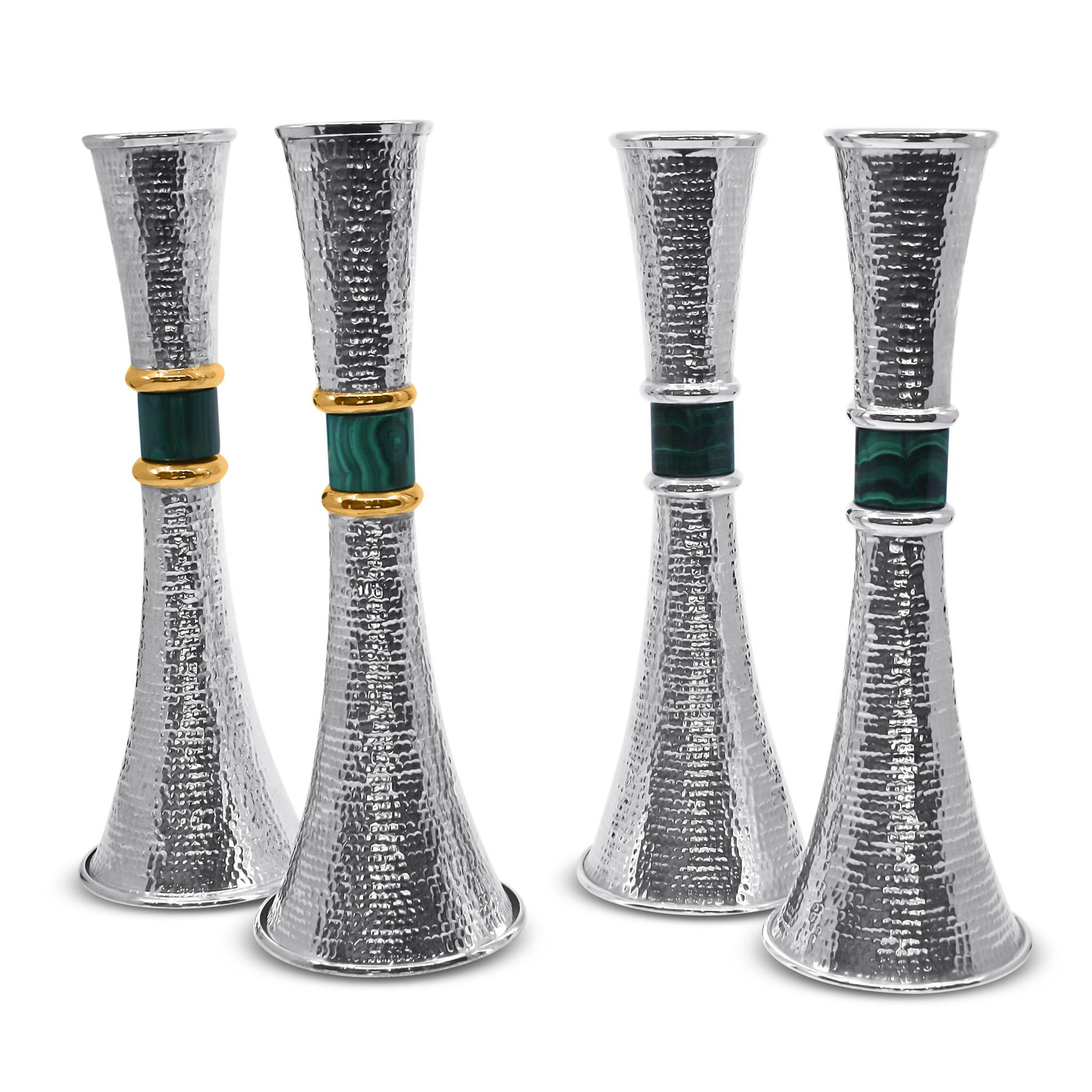 Hand spotted sterling silver Shabbat candlesticks malachite stone gold bands textured Italian pair4