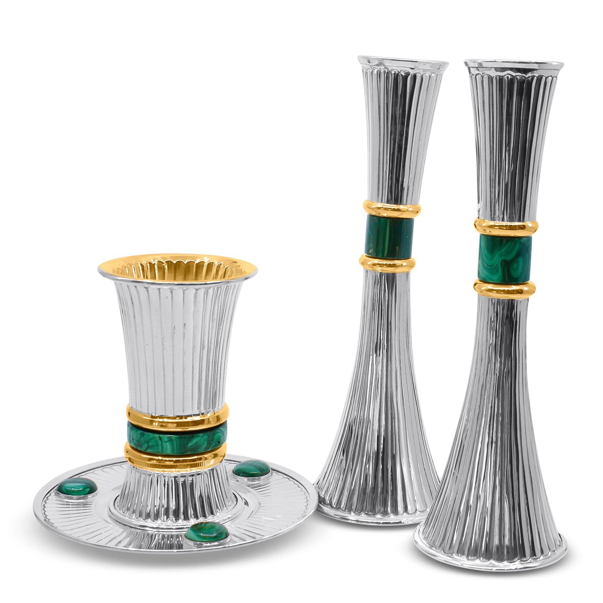 Silver Stripes Candlesticks with Malachite Stone