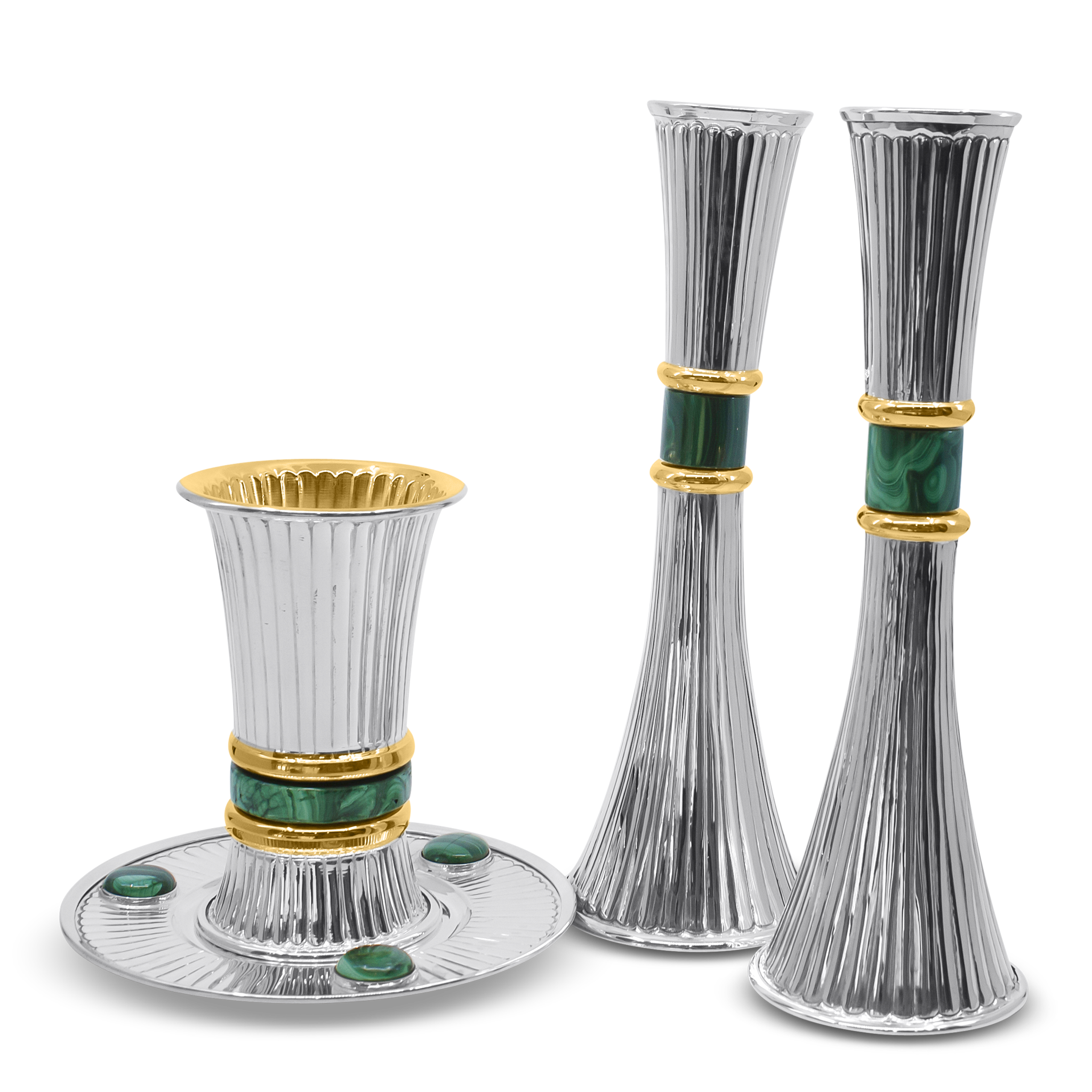 Silver Stripes Candlesticks with Malachite Stone 26 cm.