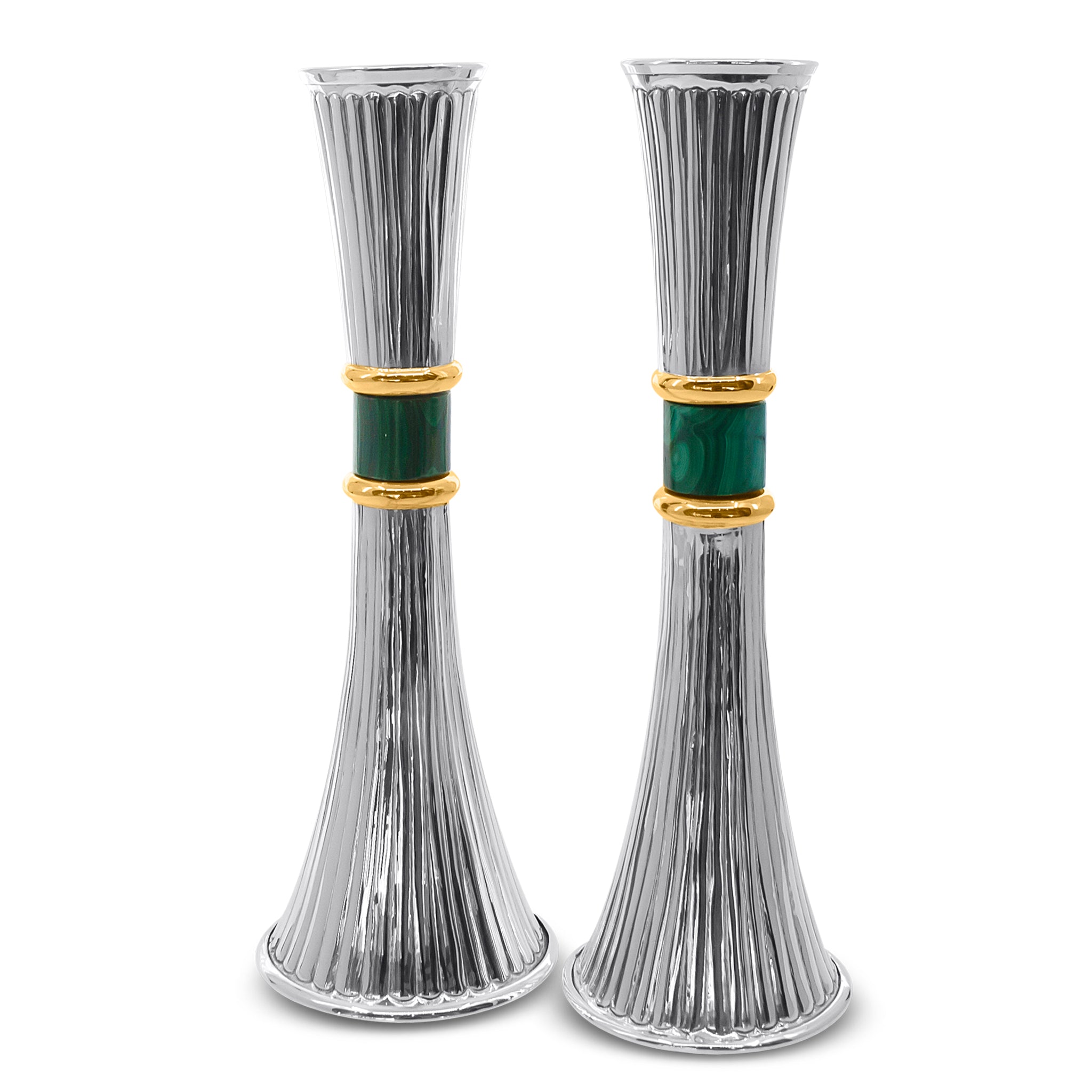 Silver Stripes Candlesticks with Malachite Stone