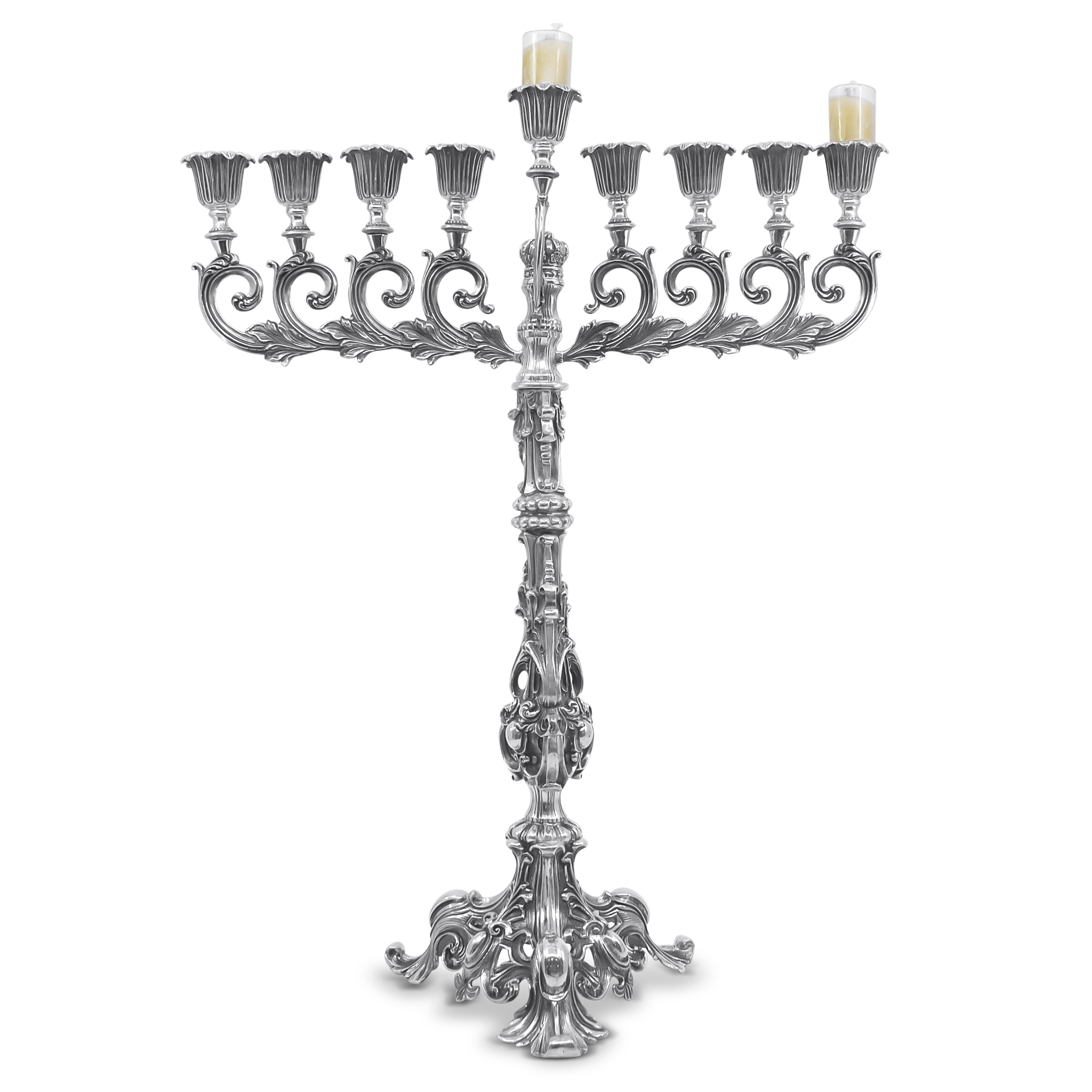 Italian baroque sterling silver Hanukkah menorah with ornate scrollwork and fluted candle holders handcrafted in Italy