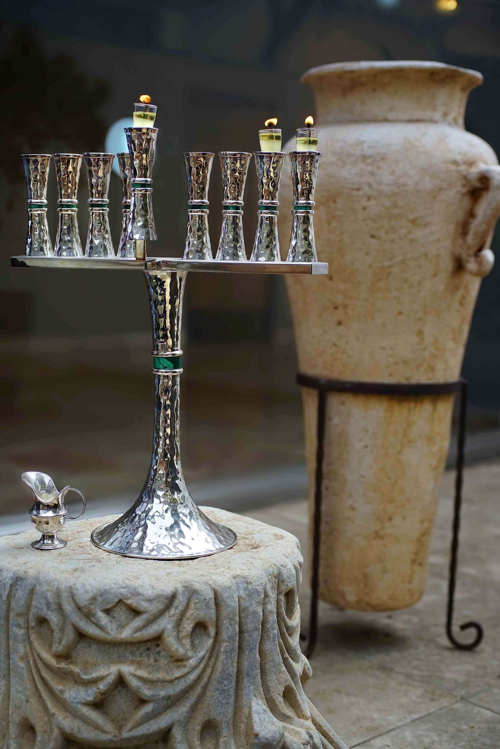 Hammered Design Menorah with Malachite Stones A - Piece By Zion Hadad