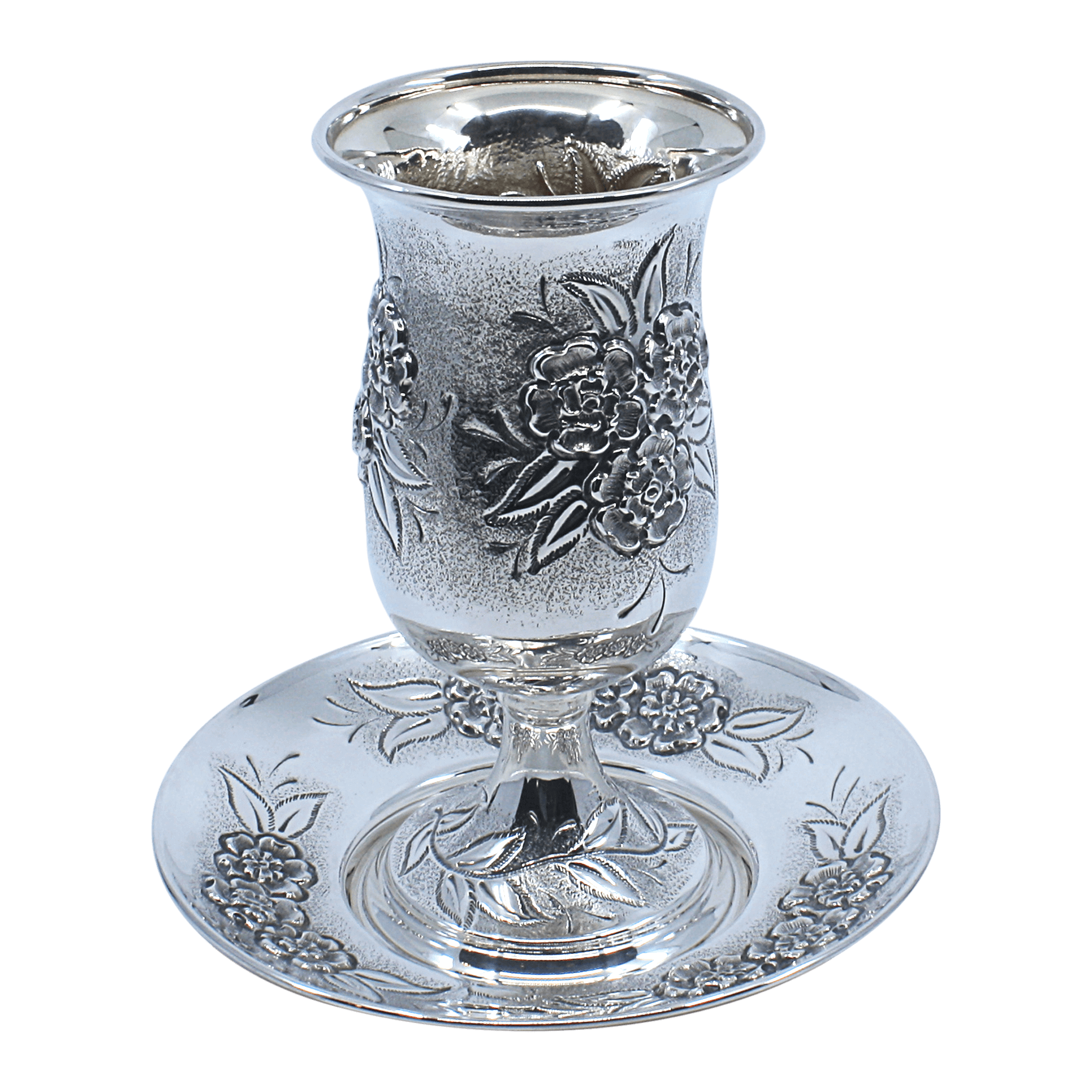 Sterling Silver Kiddush Goblet and Plate Flowered 6894 - Piece By Zion Hadad